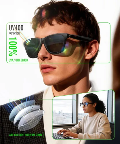 Miniatura 5 de Lentes inteligentes AI, gafas de audio Bluetooth para hombres y mujeres, lentes inteligentes de luz azul con cancelación de ruido, llamadas manos