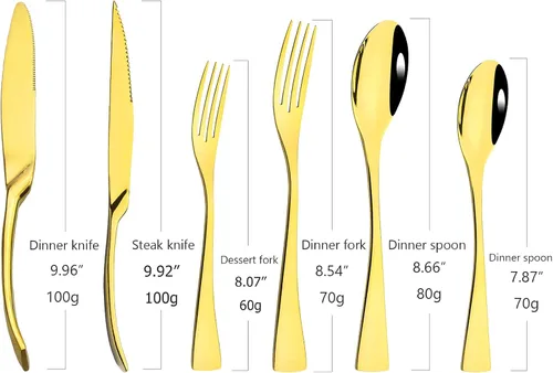 Miniatura 7 de Juego de cubiertos de 24 piezas, espejo de acero inoxidable 18/10, servicio de vajilla de lujo para 4, cuchillo de carne, postre, accesorios para Oro