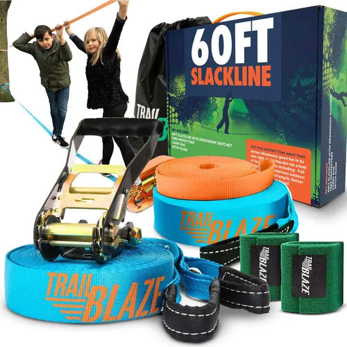 Miniatura 10 de Kit Completo de Slackline Ninja – Línea de slackline de 60 pies de largo para patio trasero para niños y adultos con correas de trinquete, Azul