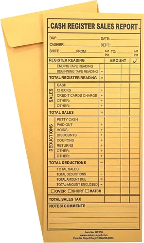 500 Cashier Depot RT550 - Sobres para informe de ventas de caja registradora, 4 1/8 x 9 1/2 pulgadas, solapa de goma, 24 libras. Kraft marrón (500)