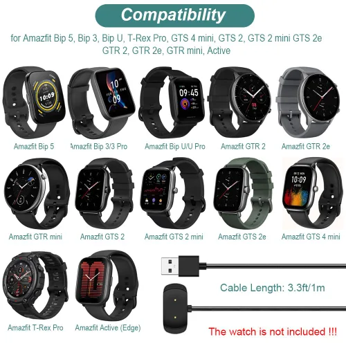 Miniatura 3 de Kissmart Cargador para Amazfit T-Rex Pro, Bip 5, Bip 3, Bip U Pro, GTS 4 Mini, GTS 2, GTS 2e, GTS 2, GTR 2, GTR 2e, GTR mini, cable de carga