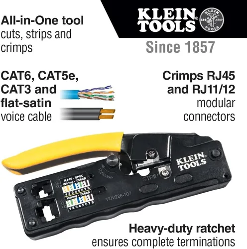 Miniatura 2 de Klein Tools VDV226-107 Crimpadora modular compacta de cable de datos de trinquete/pelacables/cortador de alambre, CAT6, CAT5, CAT3, cable de voz