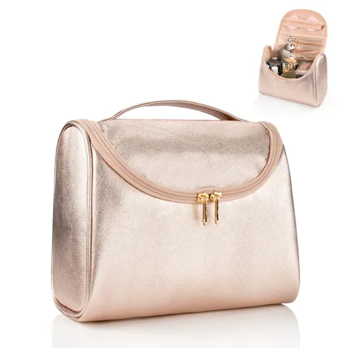 Elegante estuche de maquillaje y aseo de viaje para mujer; estuche organizador de brochas y maquillaje de gran capacidad y hecho de cuero vegano;