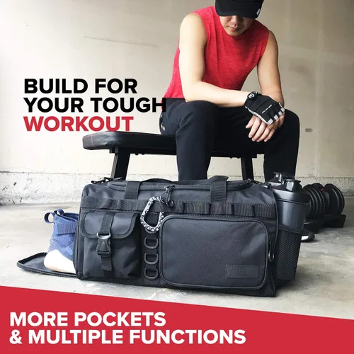 Miniatura 2 de Fitdom Bolsa de lona táctica negra de 20 pulgadas y 32 L con compartimento para zapatos. La mejor bolsa de entrenamiento para hombres y mujeres. La