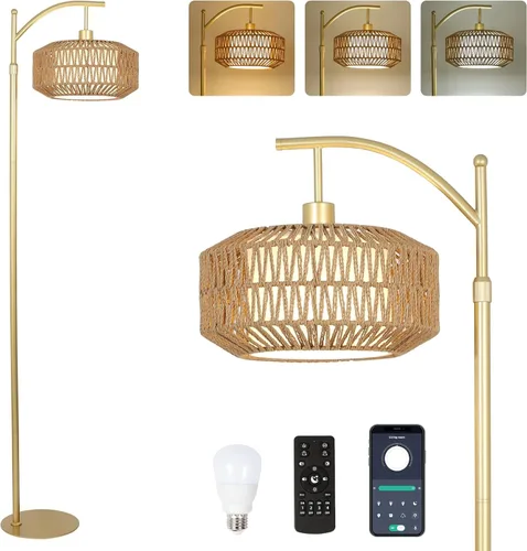 LAMSU Lámpara de pie Arc Gold con control remoto y bombilla LED, lámparas de pie regulables para sala de estar con pantallas de ratán y tela,