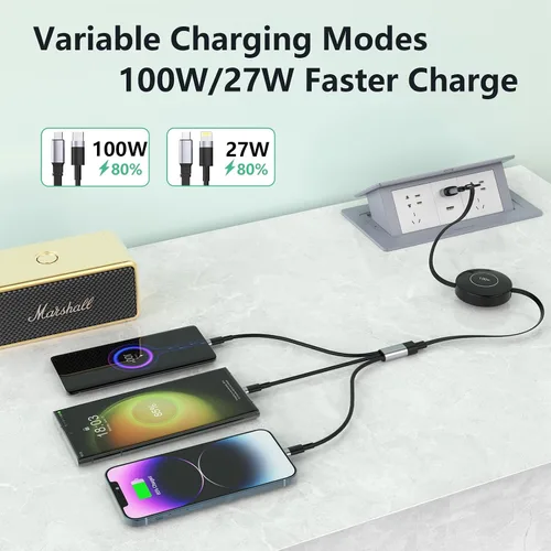 Miniatura 2 de Cable de carga USB C retráctil multi 5 en 1 USB A/tipo C a Lightning/USB C/Micro iPhone, cable de carga múltiple de 100 W para iPhone 15 14 13 12