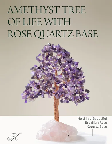 Miniatura 4 de KALIFANO Amatista natural prémium (414 piedras preciosas) Árbol de cristal de chakra con base de cuarzo rosa con propiedades curativas, árbol