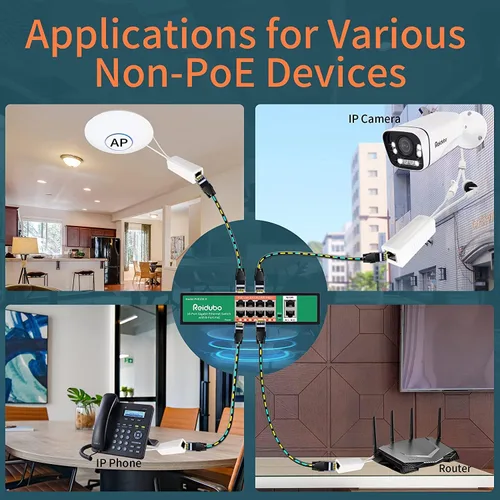 Miniatura 4 de Adaptador divisor PoE Gigabit, salida de 12 V 2 A, 1000 Mbps, IEEE 802.3AF/at, adecuado para cámaras IP, AP WiFi, teléfonos IP y otros dispositivos