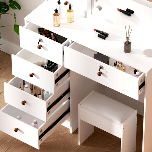 Miniatura 7 de Espejo de tocador con luces, escritorio y silla, 5 cajones y gabinete, mesa de maquillaje con espejo grande HD, 3 modos de iluminación, mesa