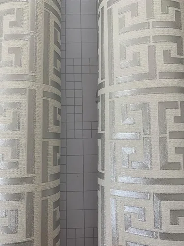 Miniatura 5 de AMINAH DECO Papel tapiz de 17.7 x 236.0 pulgadas, diseño de llave griega, papel tapiz autoadhesivo con diseño de enrejado geométrico, color plateado