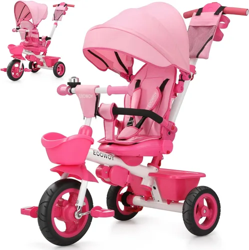 EOOWOY Triciclo para niños pequeños con mango de empuje, triciclo cochecito 7 en 1 con asiento giratorio de 360°, respaldo reclinable, ruedas para