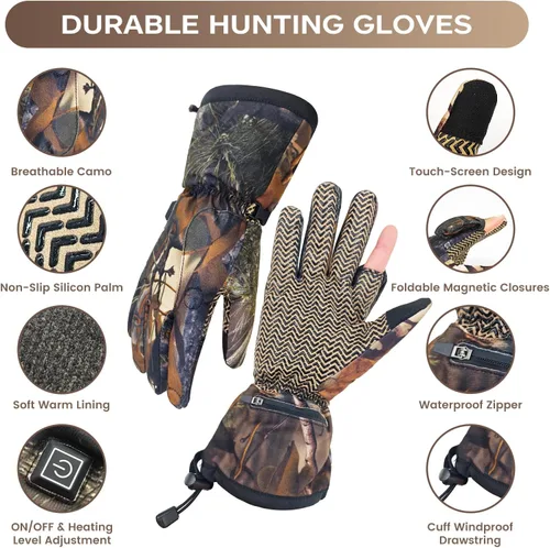 Miniatura 2 de Guantes de caza con calefacción para hombre, guantes térmicos eléctricos recargables de invierno, guantes térmicos de camuflaje para caza, guantes