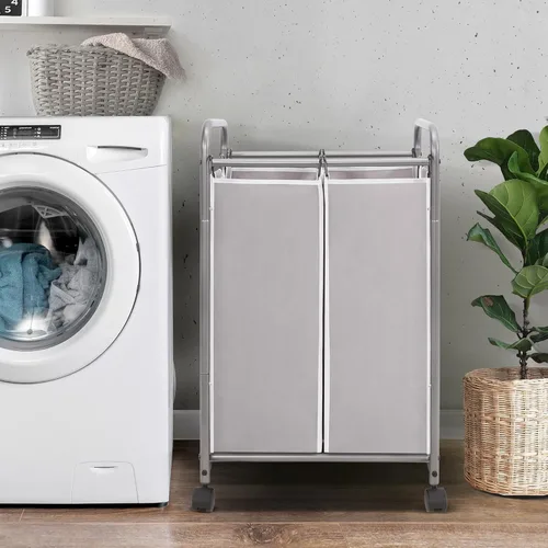 Miniatura 3 de STORAGE MANIAC Clasificador de ropa sucia de 2 secciones, cesta de lavandería de 90 litros con ruedas, clasificador separador de cesta de ropa, Gris