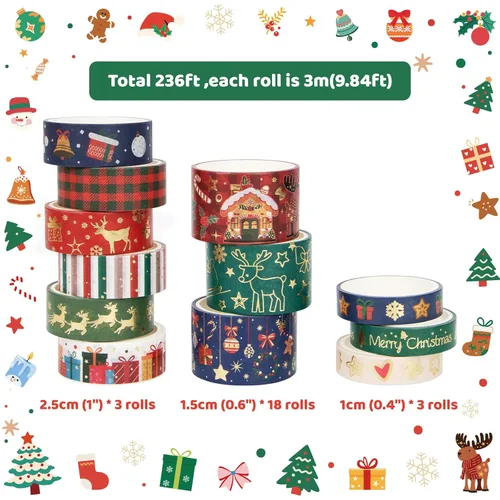 Miniatura 2 de Ieebee Juego de 24 Rollos de Cinta Washi Navideña - Cinta Decorativa de Lámina Dorada para Suministros de Scrapbooking, Suministros de Diario