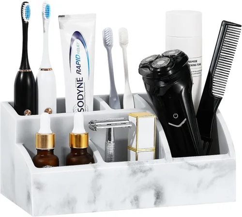 Luxspire Organizador de mostrador de baño, soporte para cepillo de dientes de 5 ranuras, accesorios de baño de mármol, color blanco grava