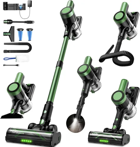 Aspiradora inalámbrica, aspiradoras de 58 Kpa para el hogar, aspiradora de palo de 55 minutos con autoservicio y pantalla LED, antienredos y carga
