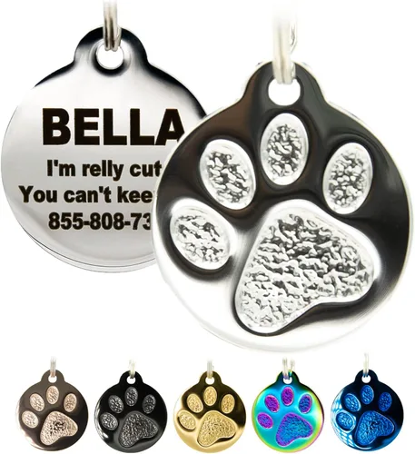 Miniatura 9 de Placa Grabada para Mascotas para Perros y Gatos - Personalizada Frontal y Posterior hasta 4 Líneas de Texto ID Personalizado Grabado, Huella de Pata
