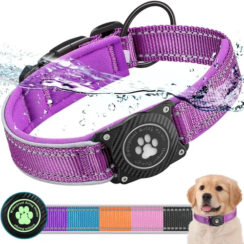 Miniatura 7 de Collar para perro Airtag con soporte impermeable para AirTag, luminoso reflectante, acolchado suave, collar de nailon ajustable para perros Negro
