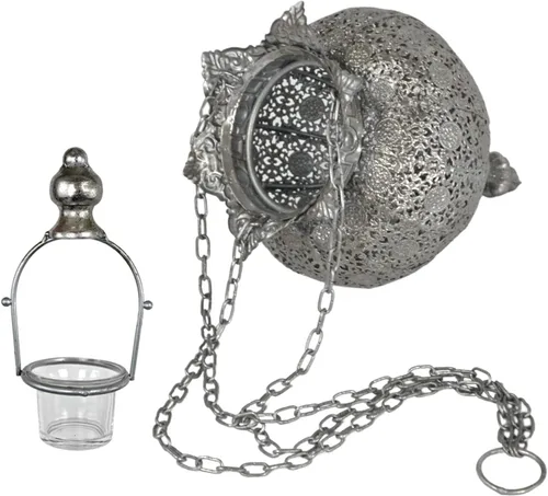 Miniatura 9 de Westcharm Lámpara de Adoración Antigua de Plata Oriental Marroquí para Ramadán, Colgante de Metal, Luz Colgante, Lámpara de Vela Decorativa