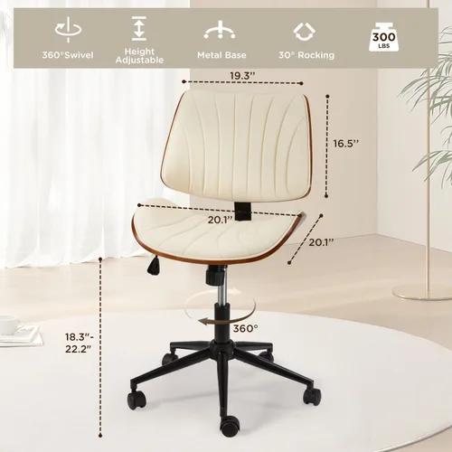 Miniatura 2 de EROMMY Silla de escritorio de oficina sin brazos, con respaldo de madera, silla de escritorio de oficina pequeña, sin brazos, altura ajustable, Beige