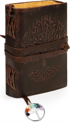 Leather Journal for Women and Men, 200 Pages - 6"x8", Gifts for Women, Travel Diary, Women's Notebook - Tree Of Life 7 Chakra Bookmark, For Writing