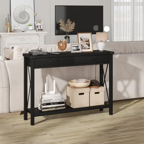Miniatura 5 de Alkmaar Mesa de entrada de granja, mesa consola negra con cajones, mesa de sofá de madera con almacenamiento, mesa de pasillo para entrada, sala