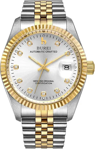 Miniatura 15 de BUREI Reloj automático de lujo para hombre, resistente al agua, reloj mecánico, correa ajustable de dos tonos de acero inoxidable