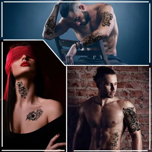 Miniatura 8 de Tatuajes temporales para adultos, manga completa, tatuajes falsos tradicionales de la vieja escuela, tatuajes de rosas de flores para mujeres