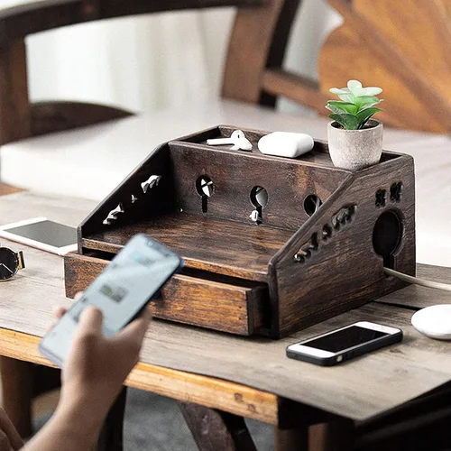 Miniatura 7 de Caja de gestión de cables de madera multifuncional para el hogar, escritorio de gran capacidad, caja de almacenamiento de regleta de alimentación