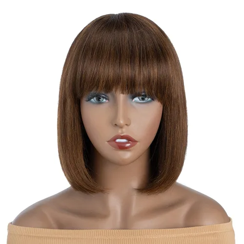 QVR - Peluca de cabello humano corto estilo Bob con flequillo, 10 pulgadas, cabello lacio virgen brasileño hecho a máquina, sin encaje frontal, para