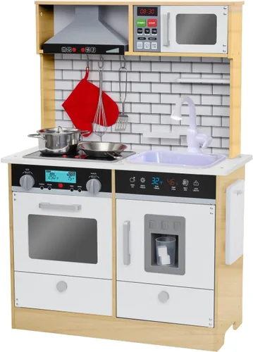 Lil' Jumbl - Set de cocina natural de madera para niños, cocina de juguete, incluye campana extractora, microondas, estufa, horno que emite sonido y