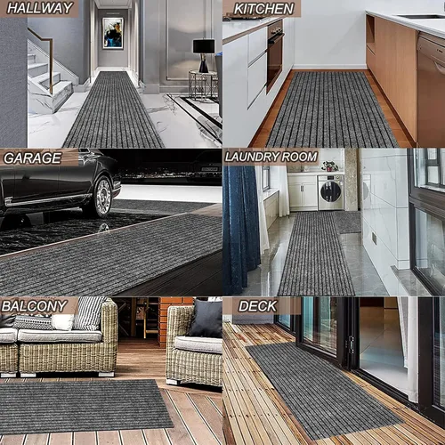 Miniatura 7 de Alfombras de pasillo de 2' x 6' pies con respaldo de goma, alfombras de pasillo de alfombra utilitaria para interiores y exteriores, gris a rayas