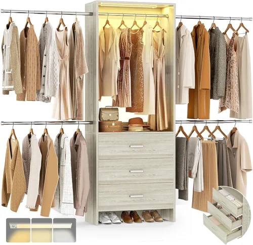 Miniatura 9 de Aheaplus Sistema de Armario, Organizador de Armario con 3 Cajones de Madera, Sistema Organizador de Armario, Armario Walk-in con Perchero para Ropa