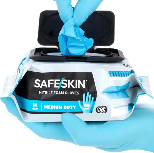 SAFESKIN Guantes desechables de nitrilo en paquete POP-N-GO (50 o 200 unidades) de servicio mediano, sin polvo, limpieza, jardinería, manualidades
