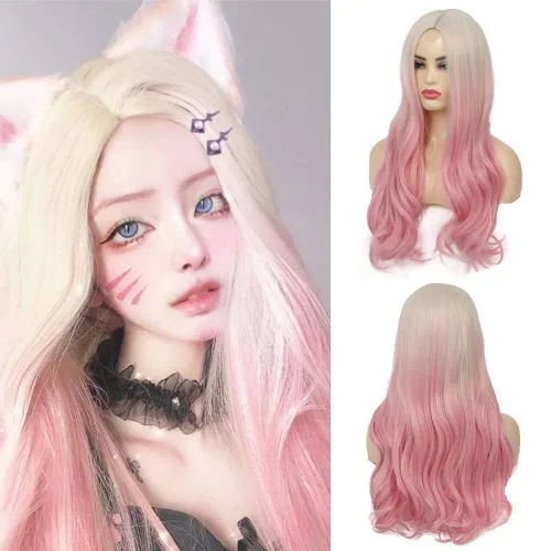 Miniatura 13 de Peluca larga ondulada de rubio a rosa para mujer, rizada, resistente al calor, sintética, para Halloween, cosplay, pelucas de pelo