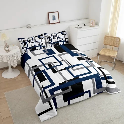 Miniatura 3 de Erosebridal Edredón Cuadrado para Niños y Niñas, Juego de Ropa de Cama Negro y Gris Blanco Azul Marino, Juego de Edredón Geométrico Completo