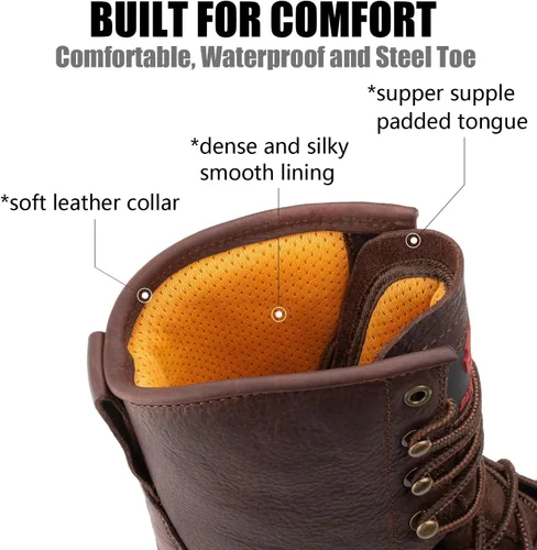 Miniatura 3 de SUREWAY Men's 8" Waterproof Steel-Toe Logger Work Boot,Superior Oil/Slip Resistant,Thicker Full Grain Leather,Wedge Rubber Sole,EH Rated