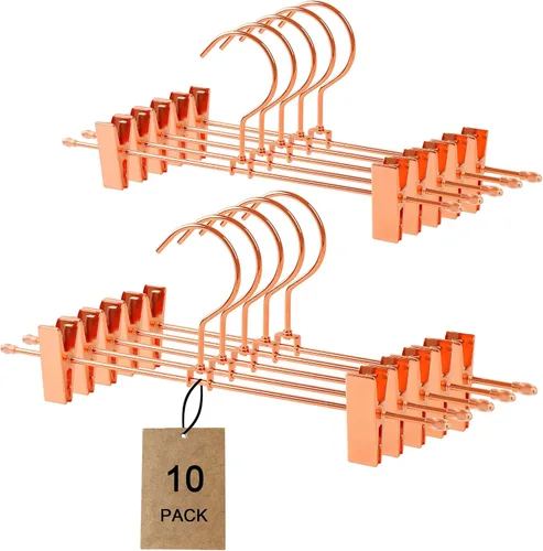 Percha para pantalones de metal dorado y cobre brillante, percha para falda y pantalones de oro rosa, colgador que ahorra espacio con clips