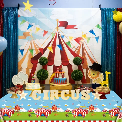 Miniatura 5 de Paquete de 4 manteles con temática de circo, 51 x 87 pulgadas, mantel rectangular desechable de plástico para carnaval, mantel a rayas rojas