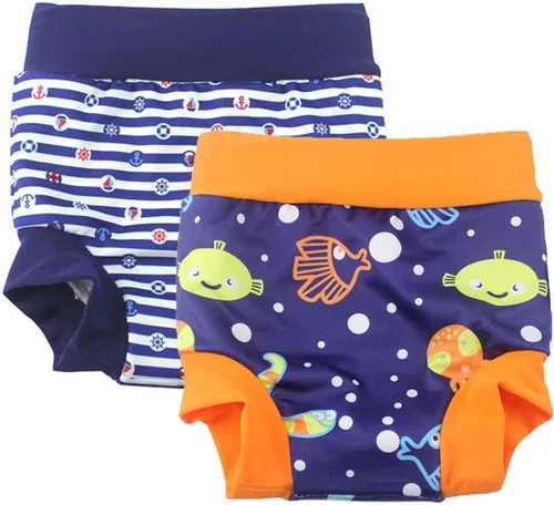 Leideur Pañales de natación para bebé para niños, pantalones cortos de natación de cintura alta (2-3 años, rayas azul marino + peces)