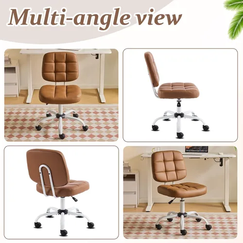 Miniatura 3 de VINGLI Silla de escritorio pequeña compacta, bonita silla sin brazos con ruedas, silla de tocador con respaldo bajo, silla de trabajo de altura Café