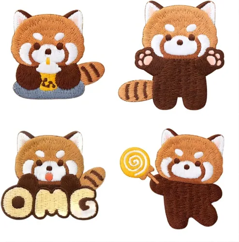 Parche bordado de panda rojo de dibujos animados súper lindo, calcomanías autoadhesivas de parche de mapache pequeño, calcomanías de tela para