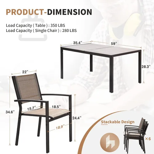 Miniatura 3 de Devoko Juego de comedor para patio, 7 piezas, muebles de exterior con mesa rectangular y 6 sillas apilables, juego de conversación familiar