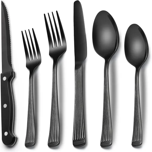 Miniatura 10 de EWFEN Juego de cubiertos negros de 24 piezas con cuchillos para carne, juego de cubiertos negros para 4, juego de cubiertos de acero inoxidable