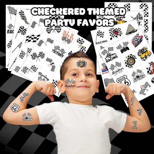 Miniatura 2 de 96 tatuajes temporales de autos de carreras para niños, tatuajes falsos con bandera a cuadros para niños, recuerdos de fiesta de cumpleaños, Normal