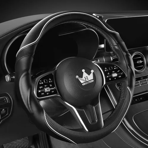 Miniatura 16 de HighnessHwoo Funda 3D para volante de automóvil, agarre cómodo, masaje deportivo, antideslizante, de fibra de carbono, piel sintética para sedán