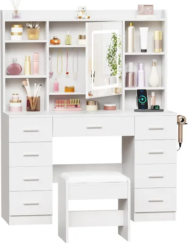 Miniatura 5 de BEWISHOME - Escritorio de maquillaje con espejo y luces, mesa de tocador con toma de corriente, mesa de tocador con taburete con 9 cajones y 6