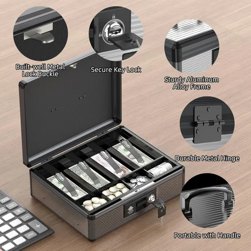 Miniatura 4 de Caja de Efectivo con Cerradura con Bandeja para Dinero y Llave, Caja Fuerte Segura para Efectivo, Caja de Dinero Portátil con Espacios