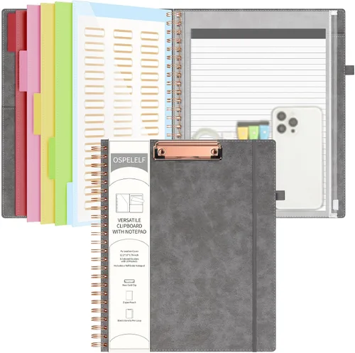Miniatura 8 de Portapapeles de cuero Ospelelf con portafolio y bolsa con cremallera de almacenamiento, portapapeles espiral con bloc de notas para tamaño carta, 5