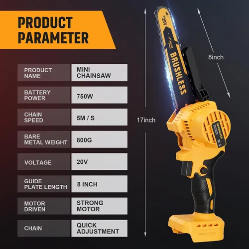 Miniatura 6 de Mini motosierra inalámbrica de 8 pulgadas para batería Dewalt 20V MAX alimentada por electricidad (SIN batería), motosierra eléctrica, motosierra